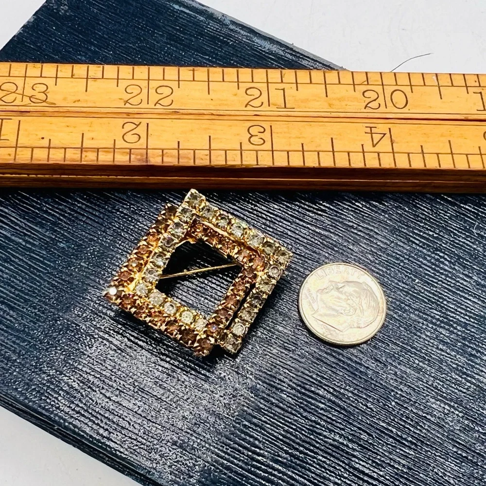 Vintage gold geometric squares brown & gray rhinestones brooch pin